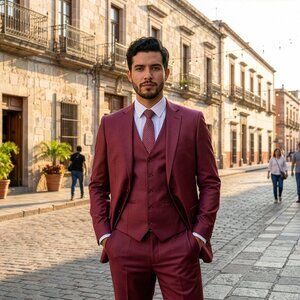 New 2026 Mens 3pc Sharkskin Cranberry Suit Set, Hybrid Fit (H1)